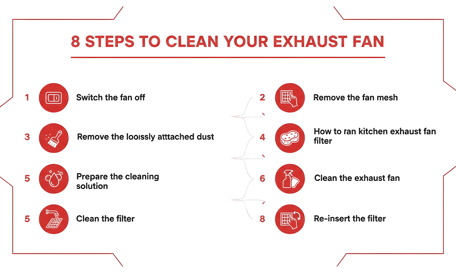 Step-by-step infographic showing 8 easy steps to clean and maintain your kitchen exhaust fan.