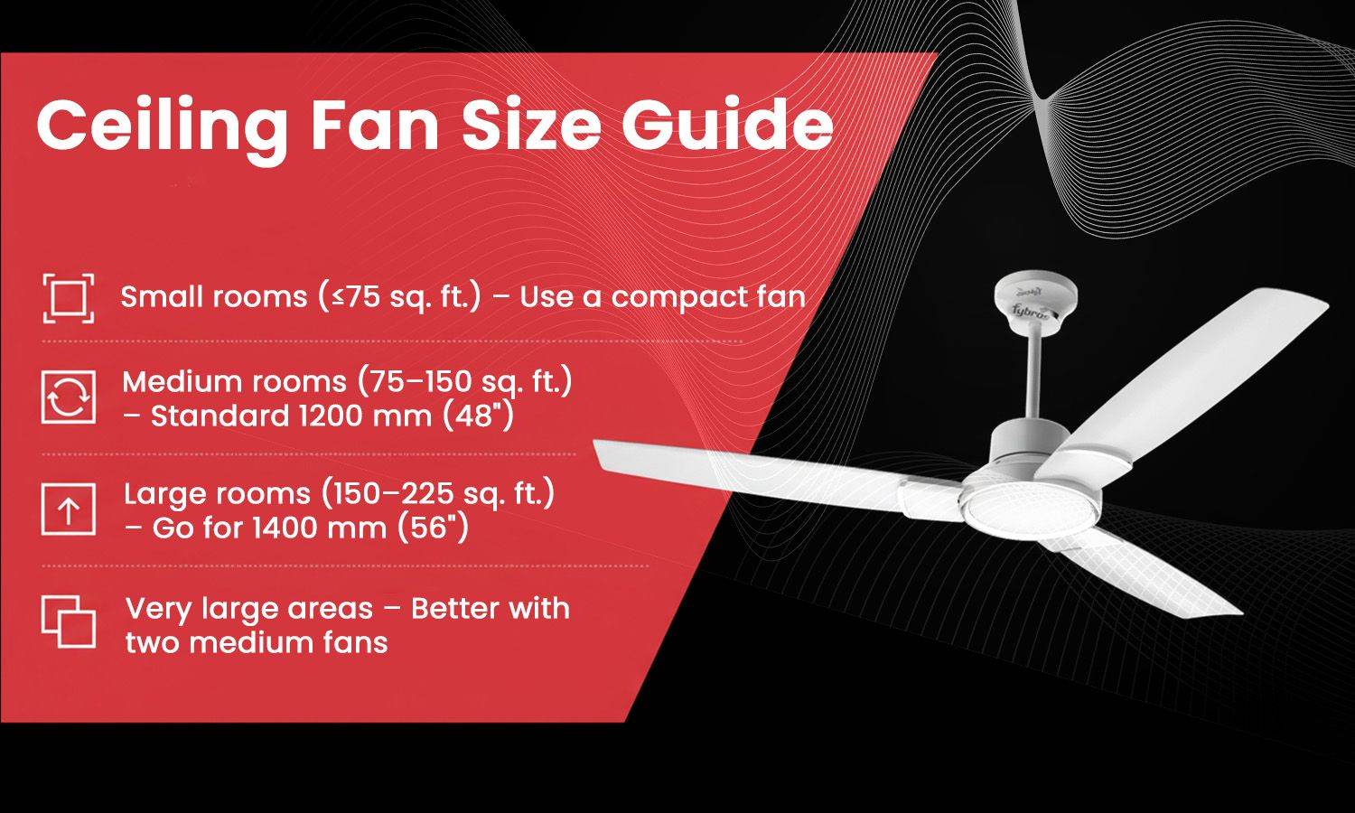 Ceiling fan size guide for small, medium, large, and very large rooms.