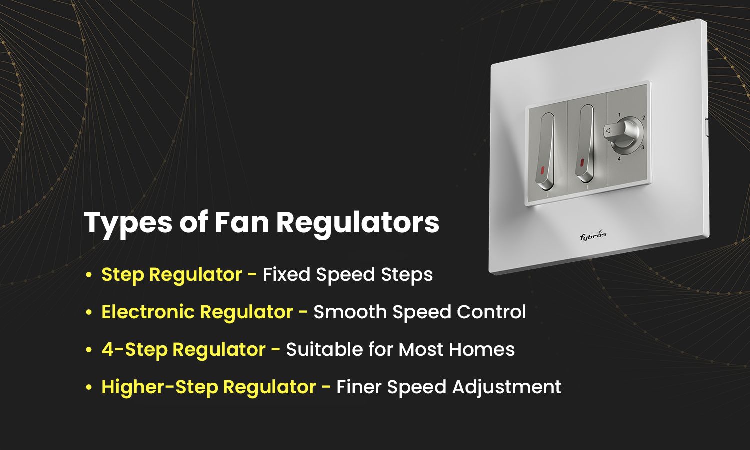 Types of fan regulators including step, electronic, 4-step, and higher-step regulators