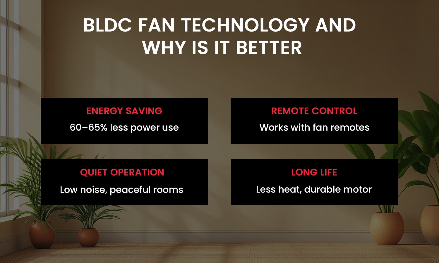 BLDC fan technology benefits – energy saving, quiet operation, remote control, and long life.