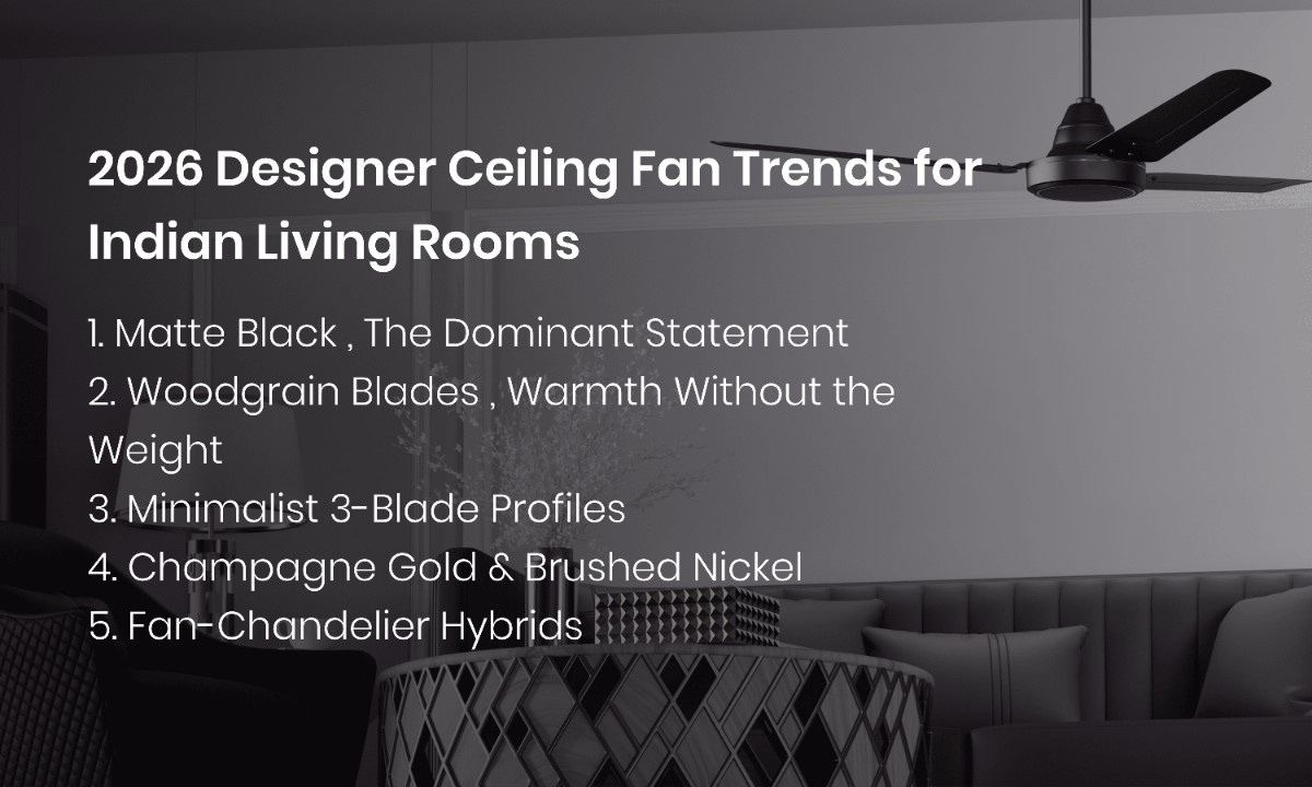 2026 designer ceiling fan trends for Indian living rooms with matte black, woodgrain and 3-blade styles