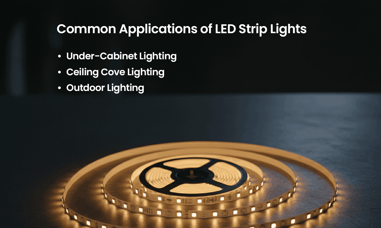 Common applications of LED strip lights for cabinet, ceiling cove, and outdoor lighting