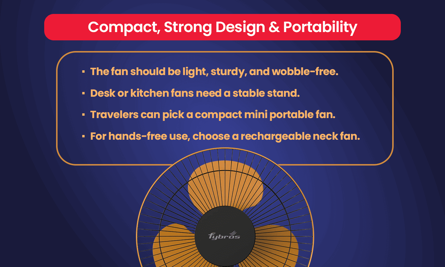 Infographic showing compact and portable fan design features