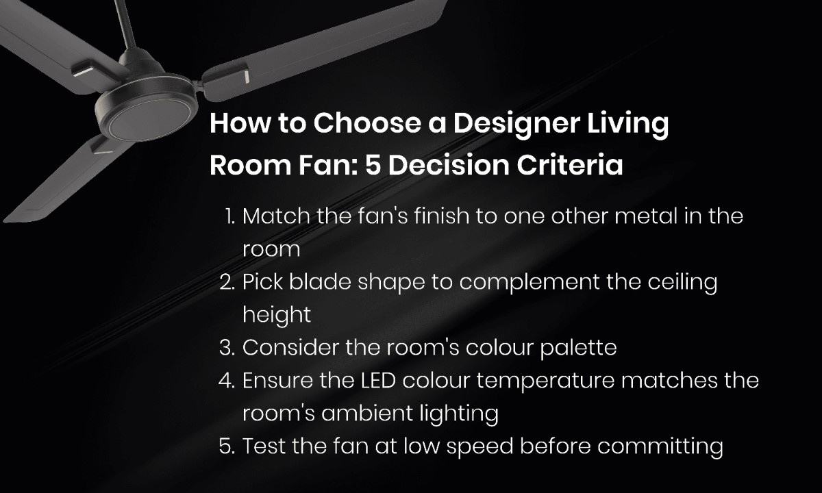 Designer living room fan guide with matte black, woodgrain and 3-blade design