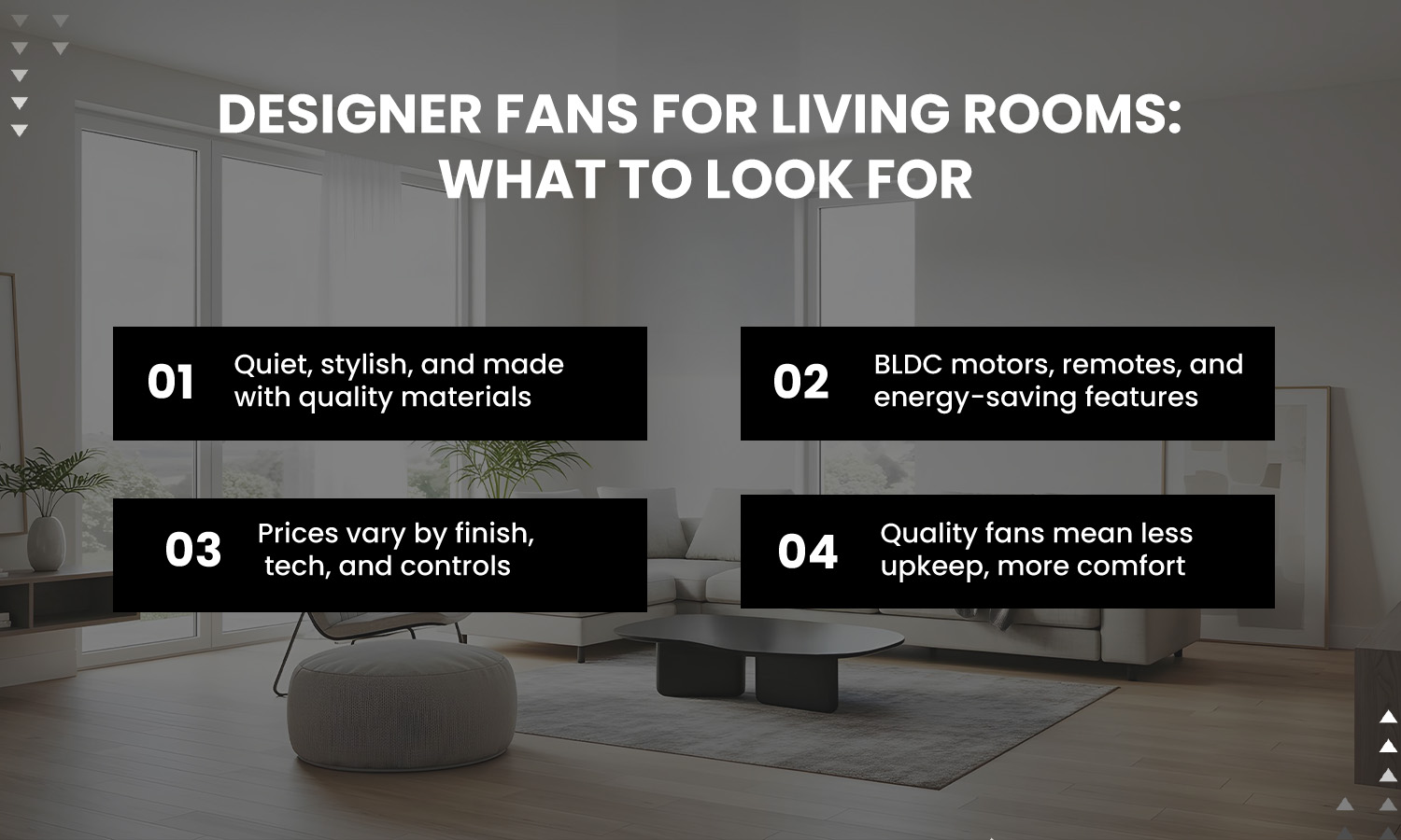 Designer ceiling fans for living rooms with BLDC motors, energy-saving features, stylish design, and durable quality
