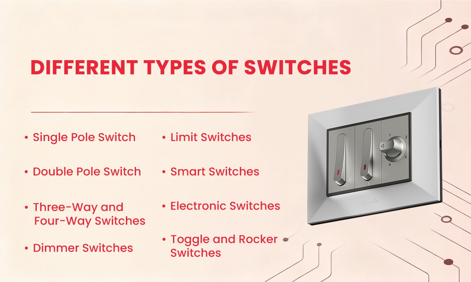 Different types of electrical switches – single pole, double pole, dimmer, smart, and rocker switches