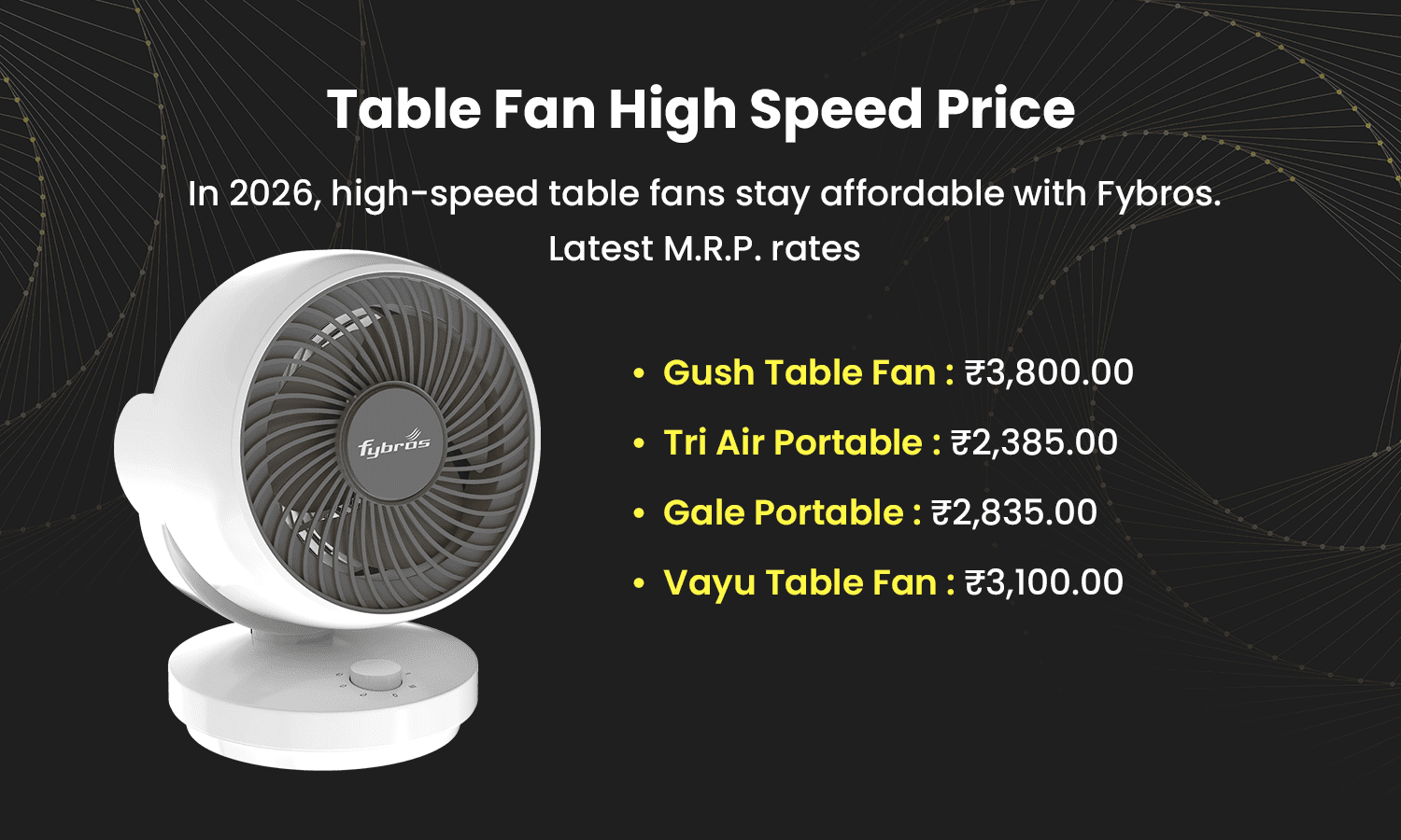 High speed table fan price list in India 2026 with Fybros models and latest MRP rates