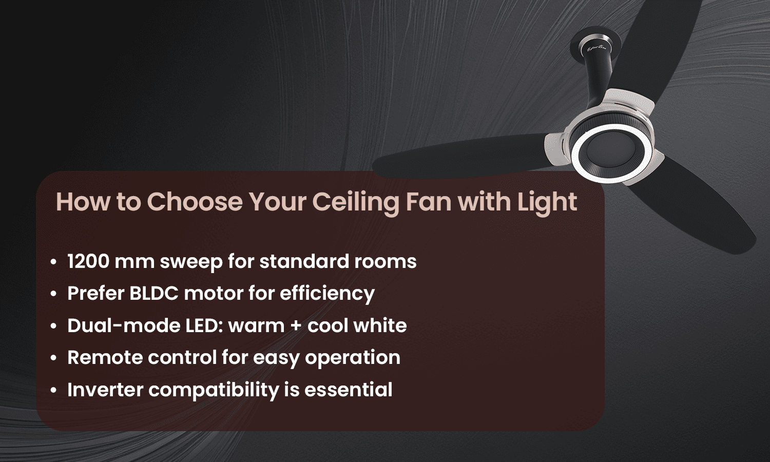 Ceiling fan with LED light for modern rooms with BLDC motor and remote control.