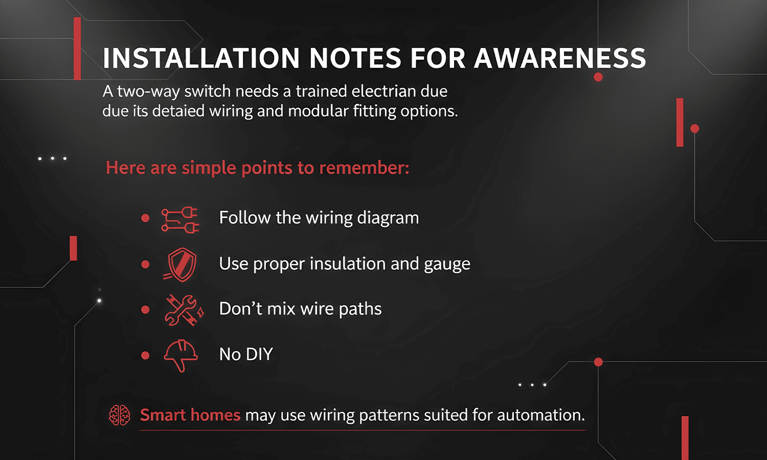 Installation notes for two-way switch wiring with safety tips.