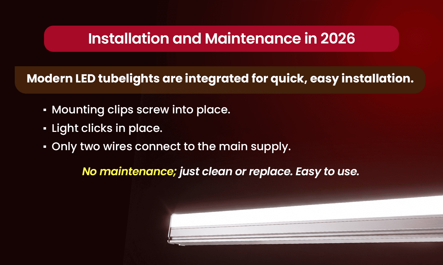 LED tubelight installation and maintenance process infographic.
