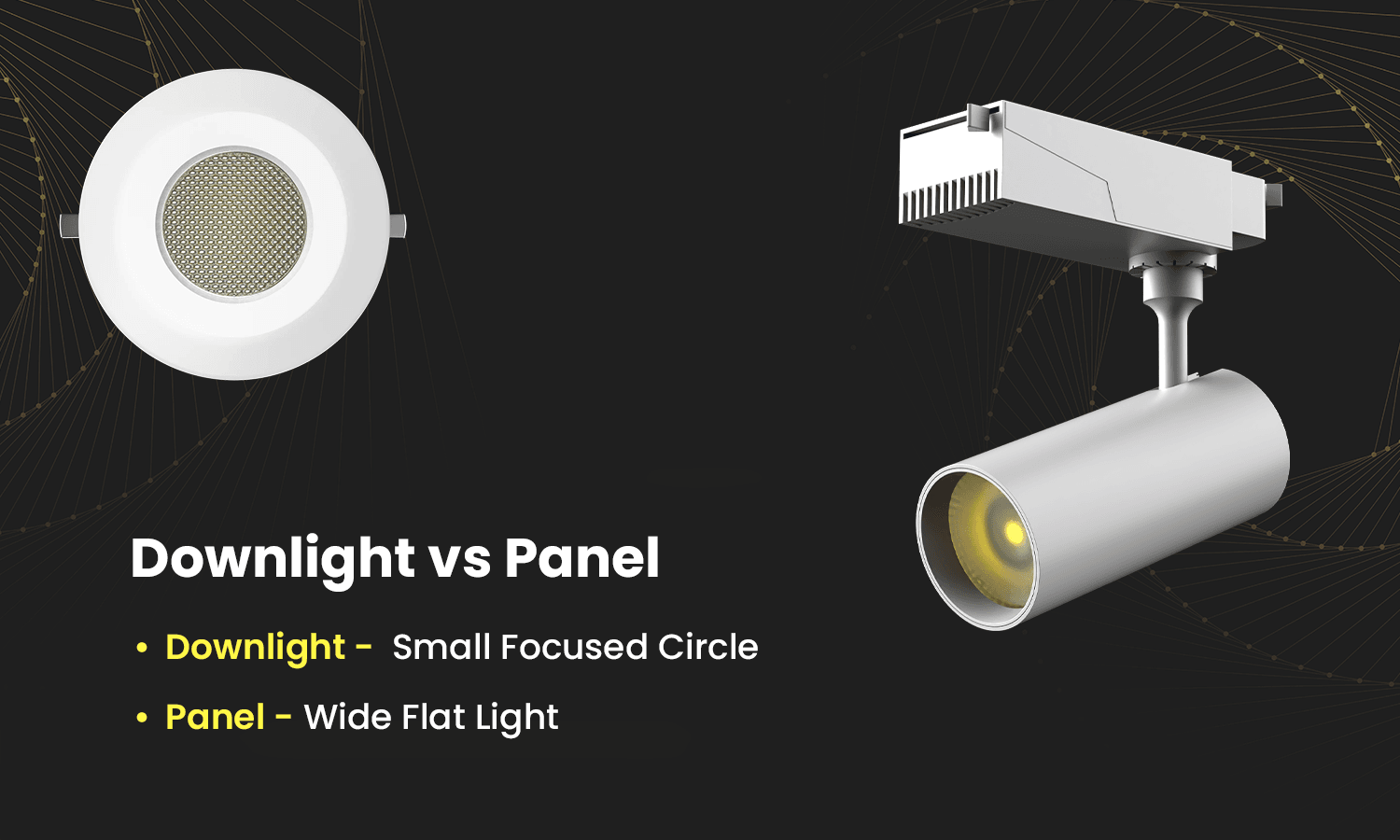 LED downlight vs panel light showing focused and wide lighting coverage