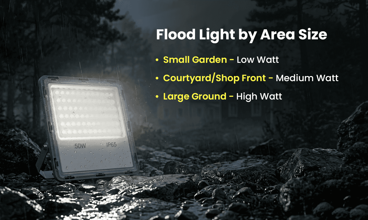 LED flood light wattage options for small gardens, courtyards, shop fronts, and large grounds