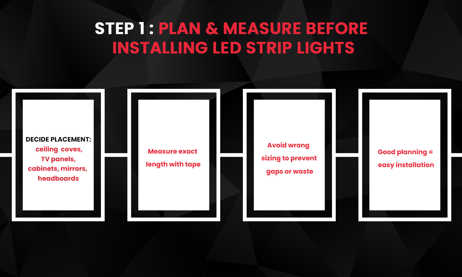 LED strip light installation step 1 – plan placement, measure length, avoid gaps, and ensure easy setup.