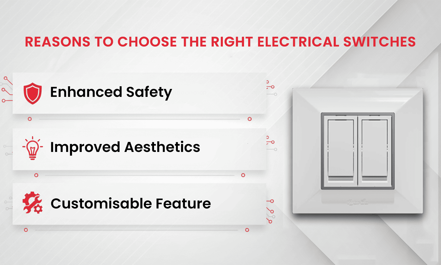 Types of electrical switches with icons and switchboard.