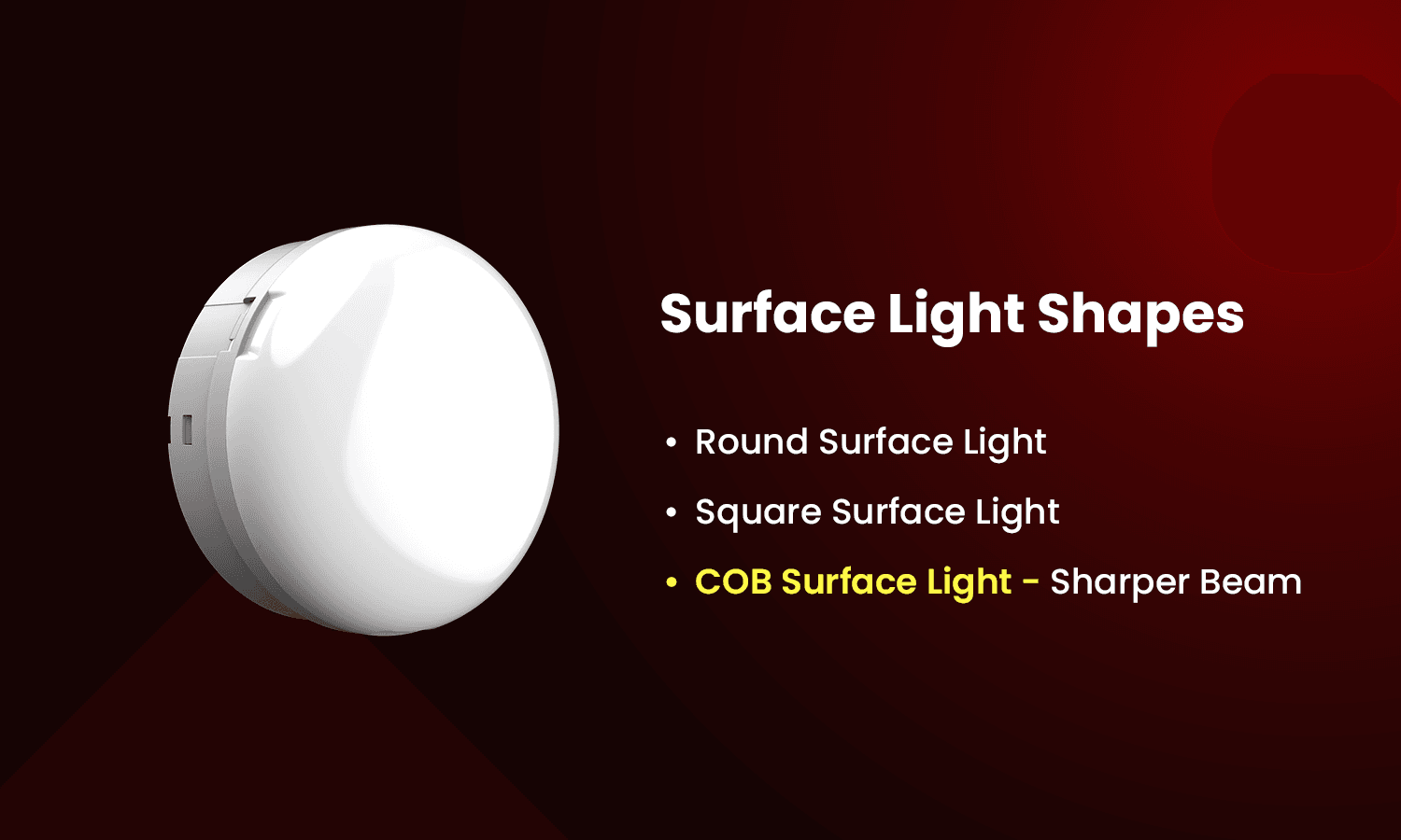 Types of surface LED lights including round, square, and COB surface lights