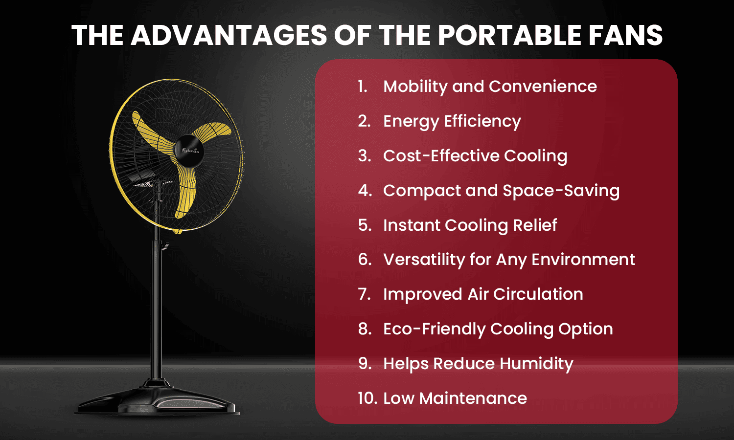 Portable fan showing key cooling and energy-saving benefits.