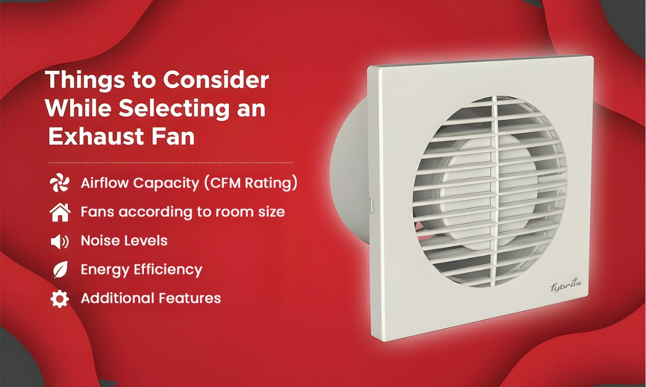 Things to consider when selecting an exhaust fan – airflow, noise, and energy efficiency.
