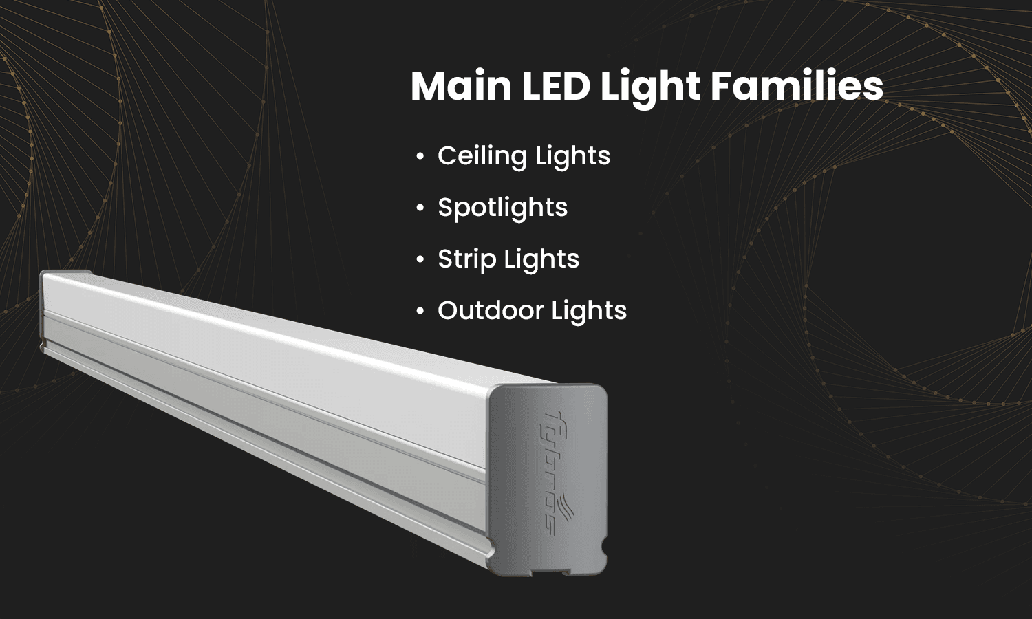 Main LED light types including ceiling lights, spotlights, strip lights, and outdoor lights