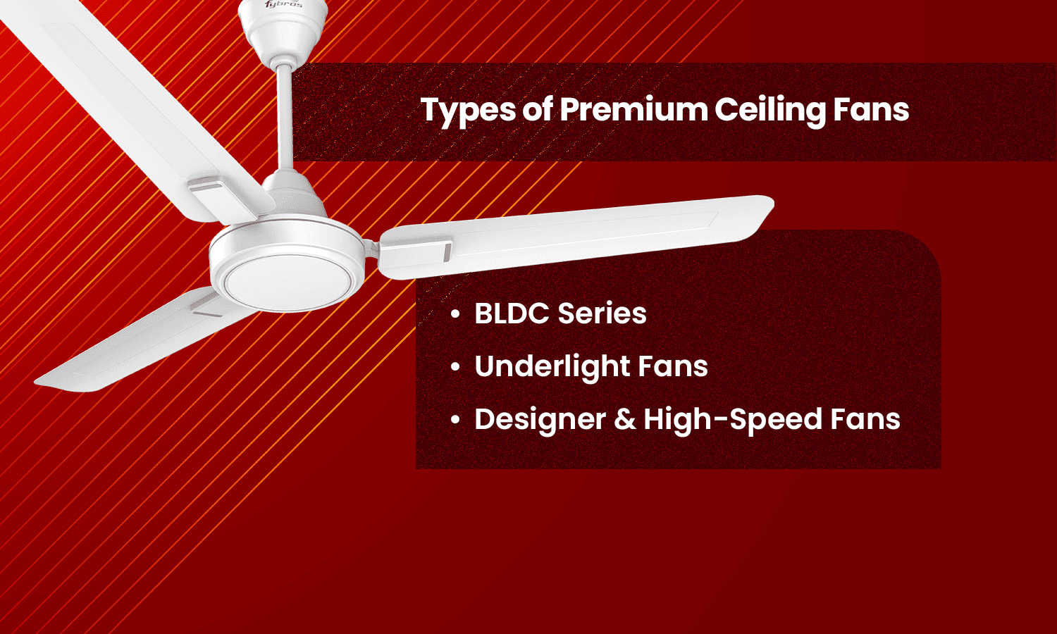 Types of premium ceiling fans including BLDC underlight and designer high speed fans