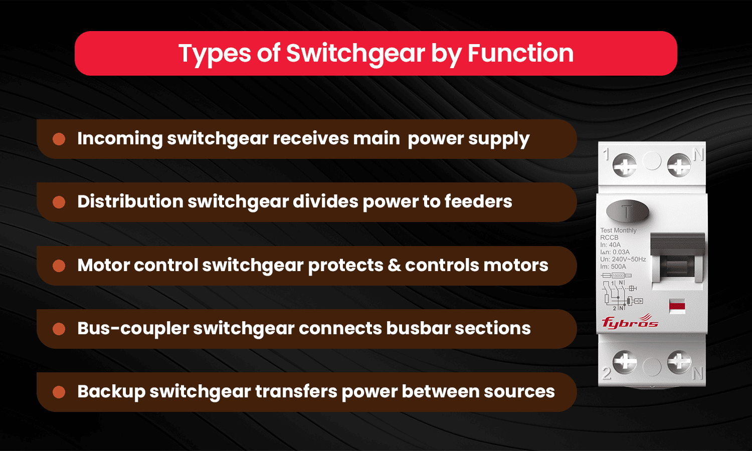 Types of switchgear for power distribution, motor control, and backup systems