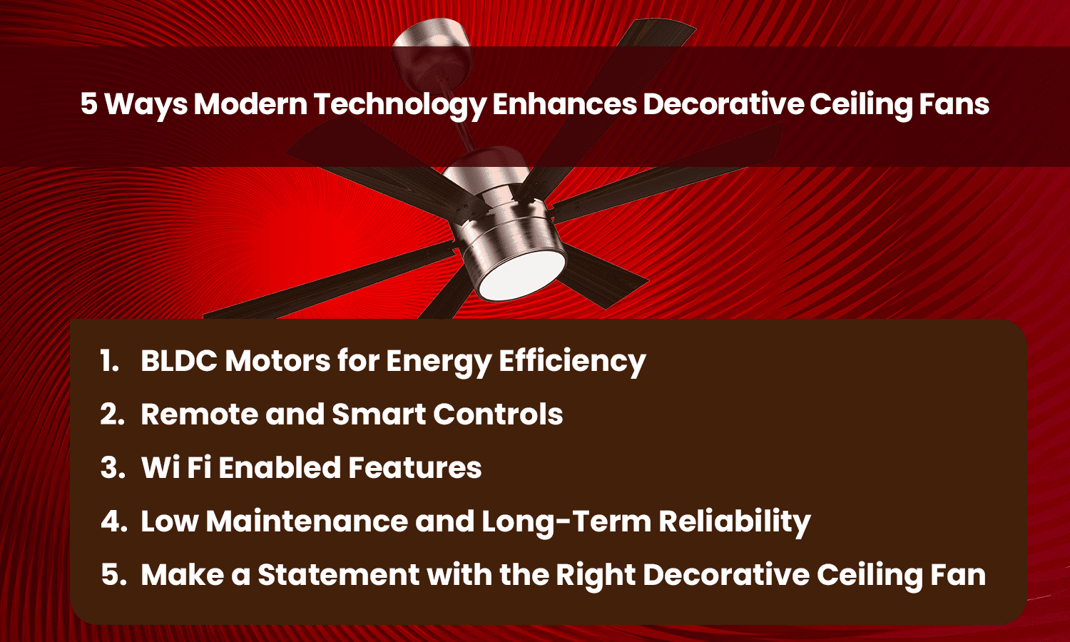 Modern decorative ceiling fan with BLDC motor, smart controls, and energy-efficient features.