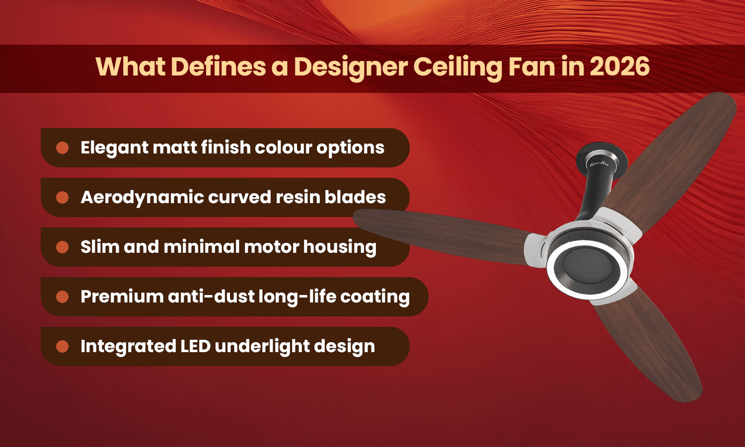 Designer ceiling fan with curved blades, matte finish, and modern LED design.