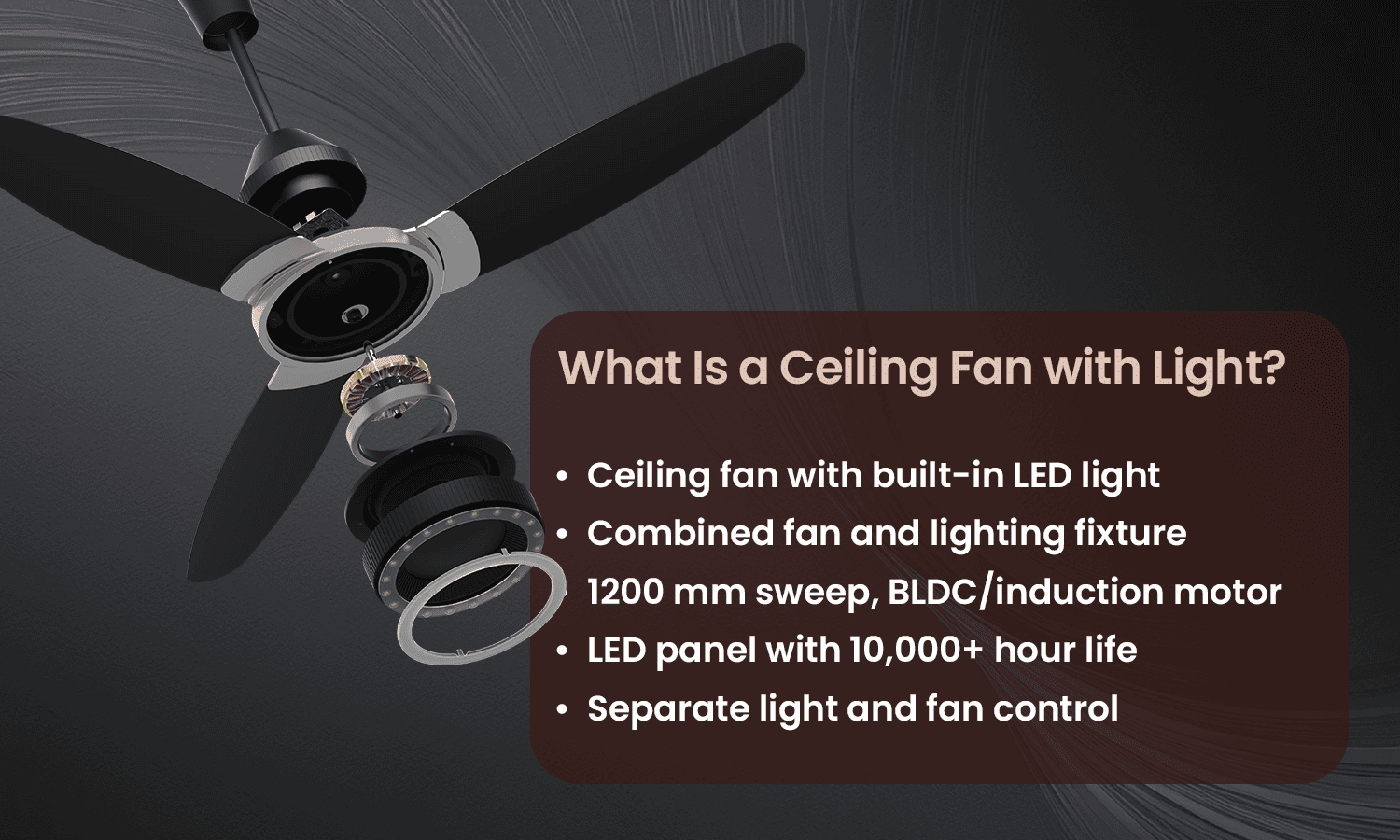 Modern ceiling fan with LED light and BLDC motor for energy efficient homes.