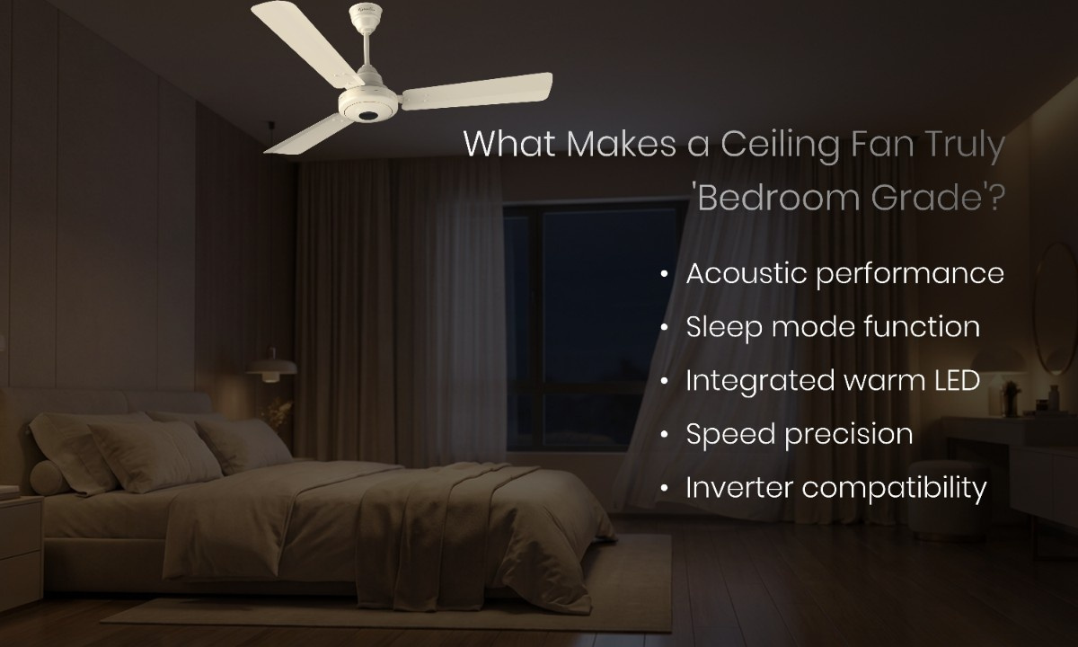 Bedroom ceiling fan with LED light showcasing quiet and sleep mode features