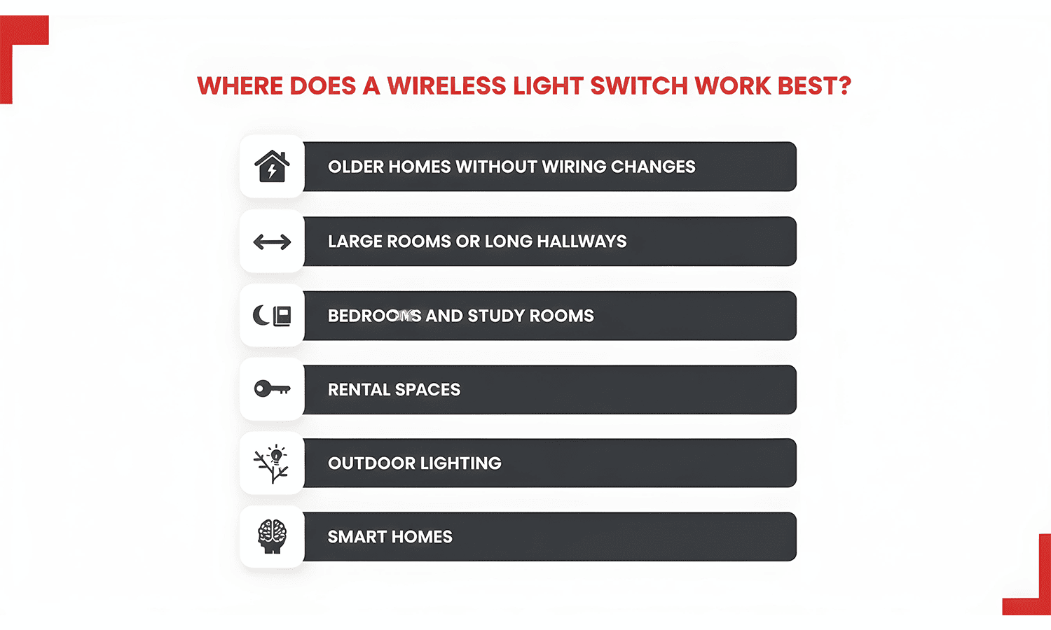 Best places to use wireless light switches such as older homes, large rooms, rentals, and smart homes.