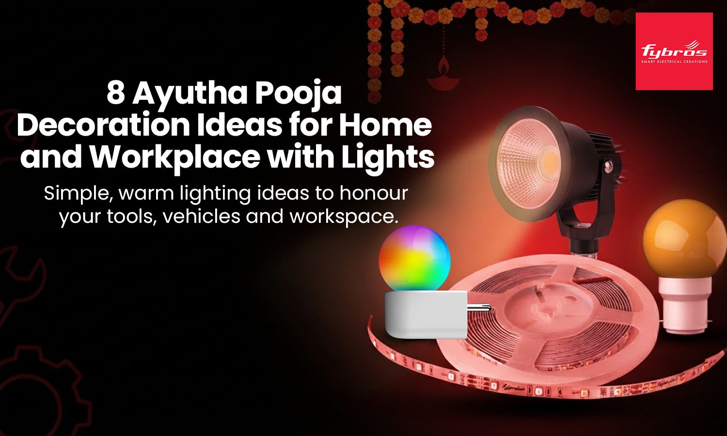 Pooja table with kalash, marigold garland and warm lights set up for Ayutha Pooja at home