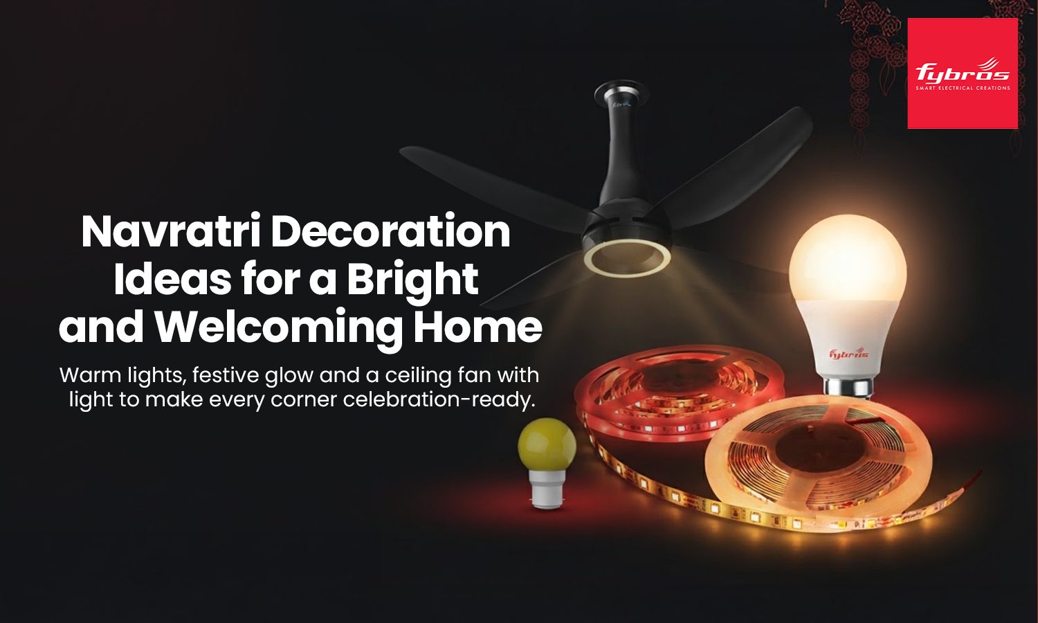  Living room decorated for Navratri with golu steps, marigold toran and a Fybros ceiling fan with light
